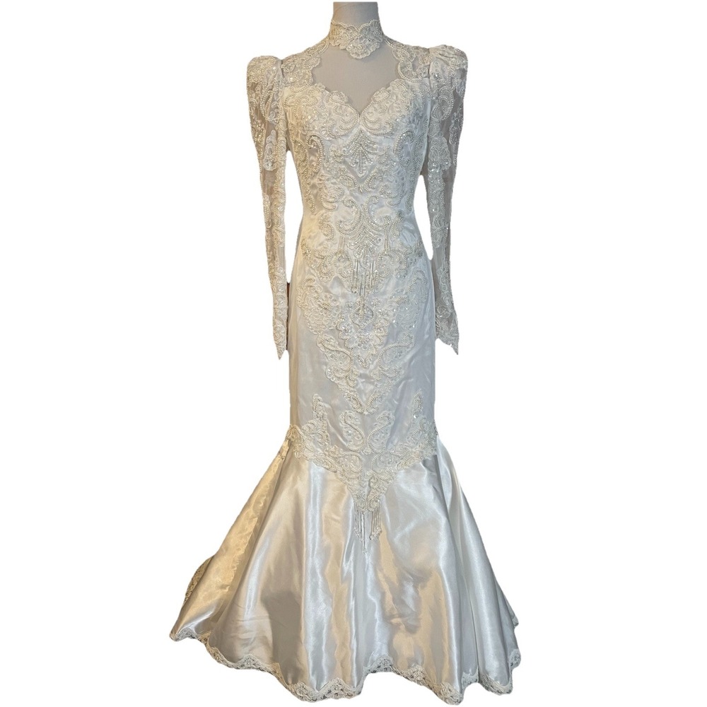 Vintage 70s Embellished Mermaid Wedding Gown Sz 8 Illusion Neck 11" Train White